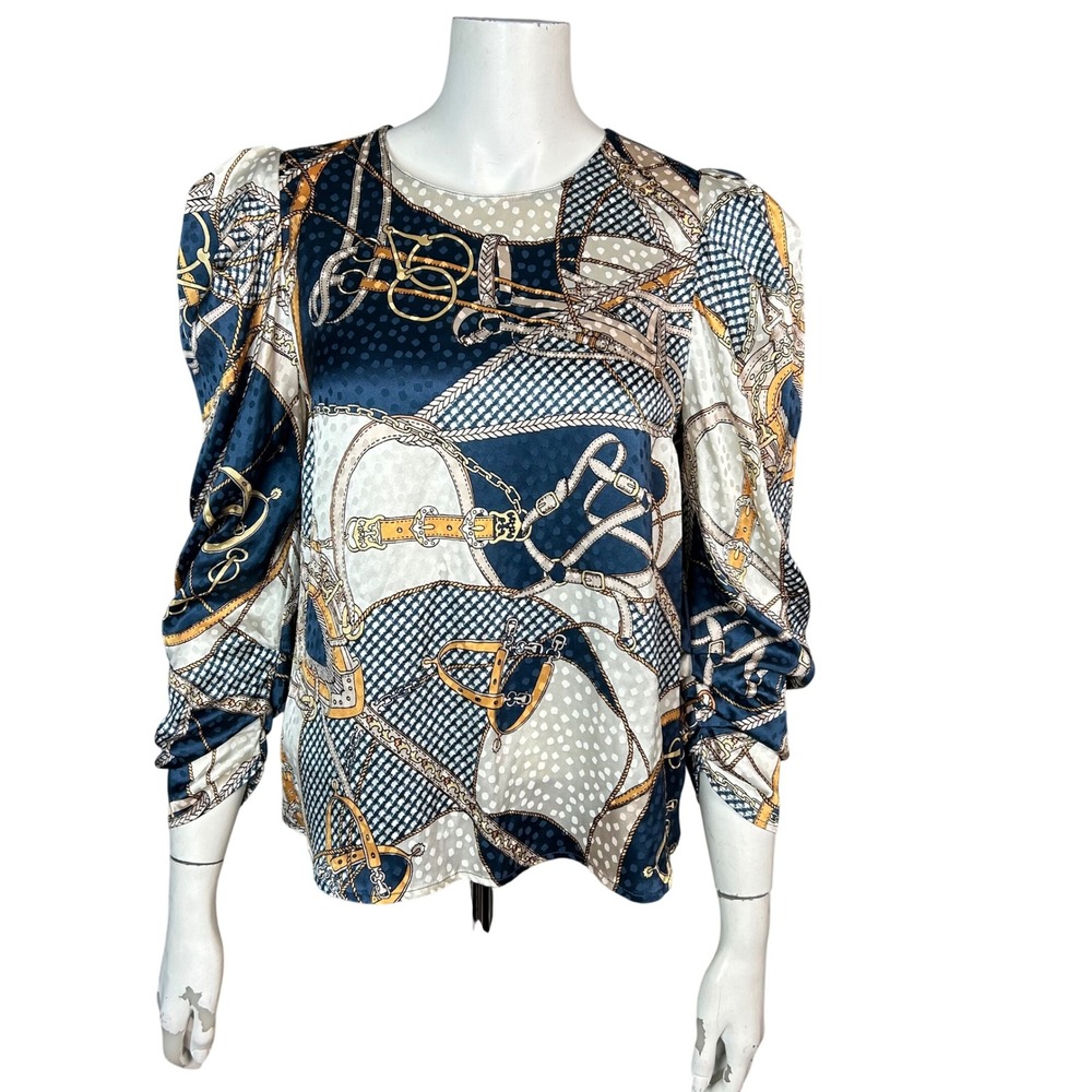 Ronny Kobo Equestrian Chain Print Top Small Silk Puff Ruched long sleeve Glam